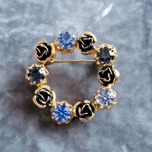 Vintage Brooch Made In Austria Goldtone Blue Enamel + Crystals